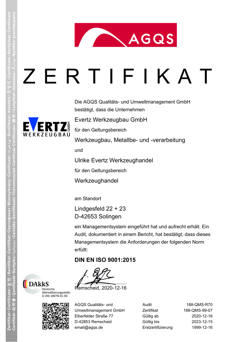 Evertz Werkzeugbau in Solingen | Jährliche Zertifizierung nach 188 QMS R80 Zertifikat D